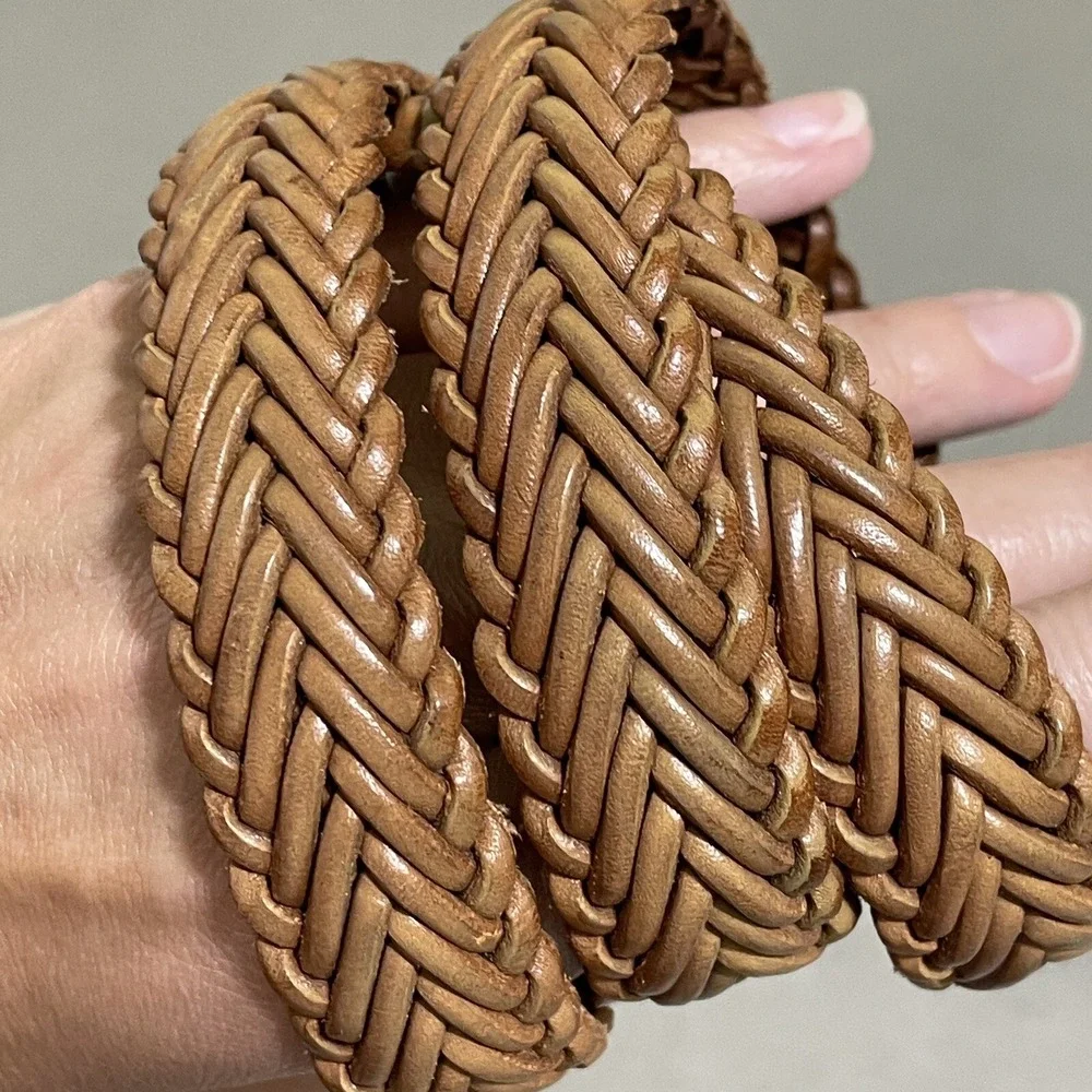 Vintage Leather Braided Belt Silver Hardware Brown Women's‎ Adjustable 90s Woven